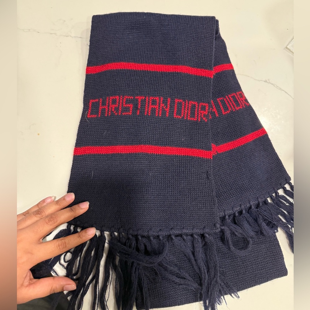 Dior Navy and Red 100% Wool Scarf